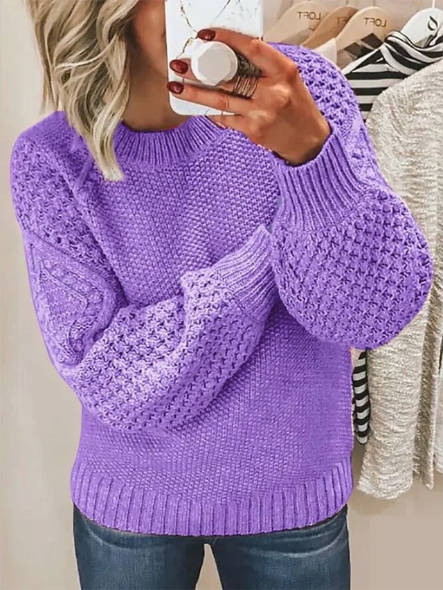 Patchwork Textured Knit Oversized Crew Neck Sweater Jumper for Fall Winter Daily Casual Stylish Soft Long Sleeve