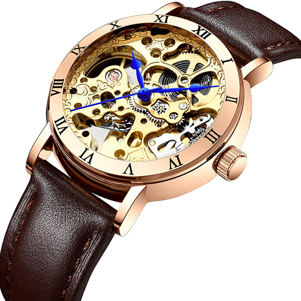 Luxury Automatic Mechanical Skeleton Watch with Steel or Leather Strap