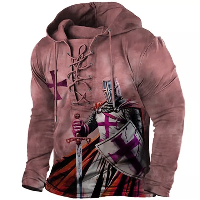 Distressed Graphic Print Pullover Hoodie with Knights Templar Design - Casual and Designer 3D Print Sweatshirt for Sports & Daily Wear